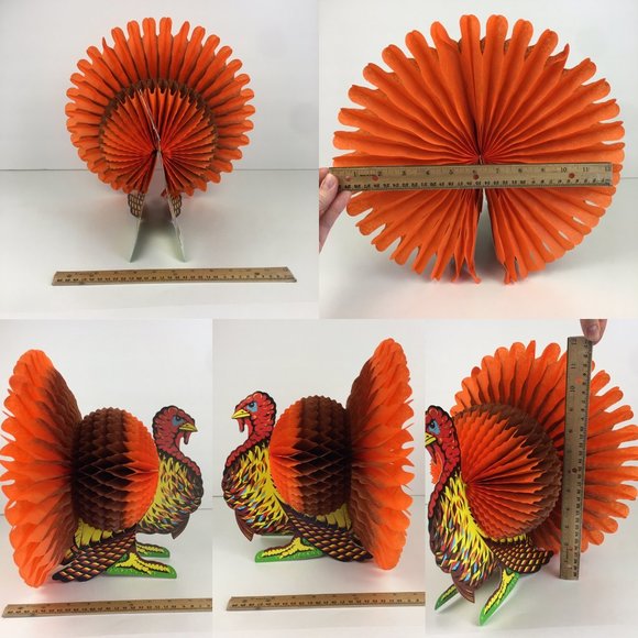 Vtg Beistle Co Paper Turkey 13 inch w Unbranded Paper Pumpkins Neon Orange READ - Picture 3 of 10